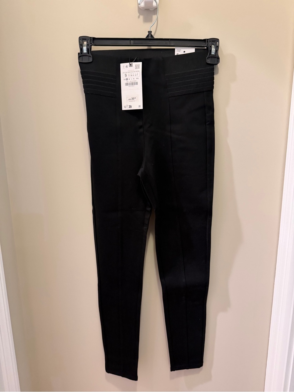 Zara Black High-Rise Ponte Leggings with Textured Waistband